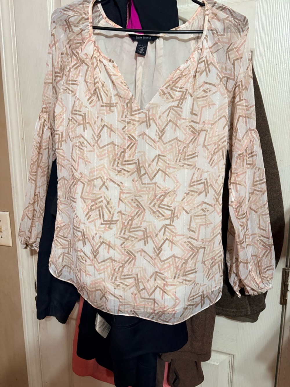 White House Black Market White and Blush Geometric Sheer Blouse